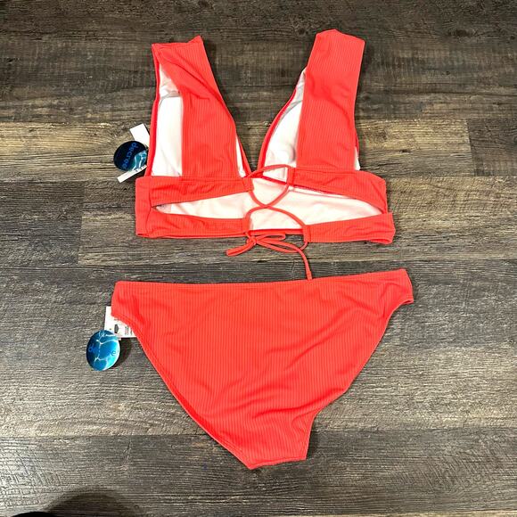 Decree Women's Coral Orange Ribbed Medium Coverage Low Rise Bikini Set Sz XL NWT - Picture 2 of 4